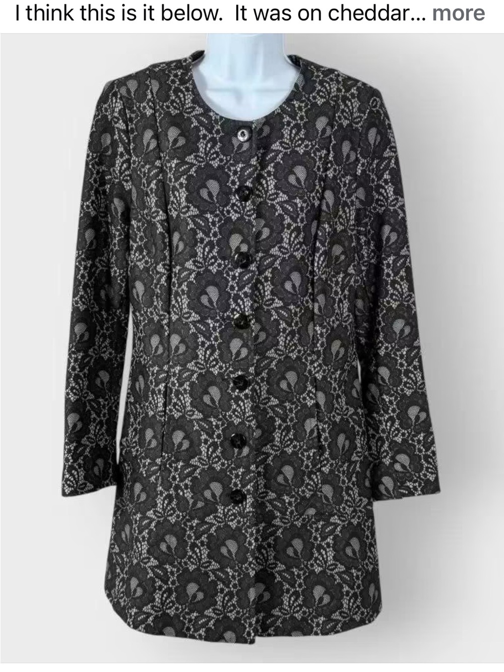 CAbi Black Lace-Patterned Button Front Coat